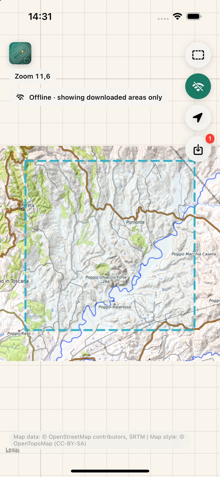 Offline mode: only the downloaded Tuscan hills are rendered inside a dashed teal outline, the rest of the map is blank.