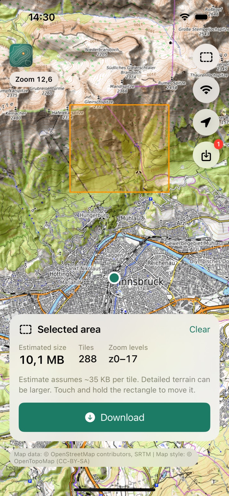 An orange rectangle drawn over the Nordkette mountains, with a card estimating 288 tiles and about 10 megabytes.